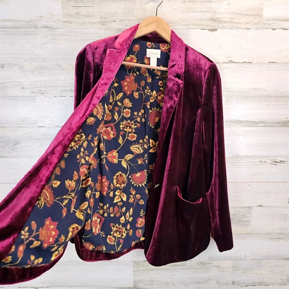 Chico’s Velvet Blazer Size M Wine Plum Burgundy Floral Lining Holiday Party